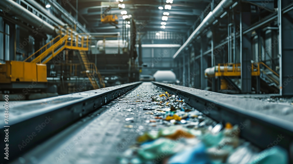 Conveyor Belt Filled With Abundant Trash at a Garbage Processing Plant