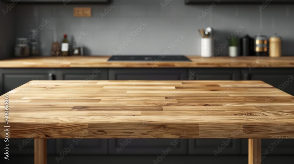 In a kitchen room interior background, a modern empty wooden tabletop is showcased for product display. In a kitchen room interior background, a modern empty wooden tabletop is showcased for product display.