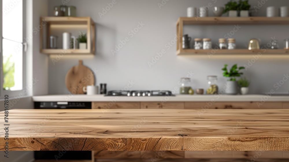 Modern empty wooden tabletop for product display against a kitchen room interior background Modern empty wooden tabletop for product display against a kitchen room interior background