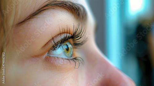 A detailed view of a womans eye with beautifully long lashes, showcasing eyelash extensions and makeup done at a beauty salon