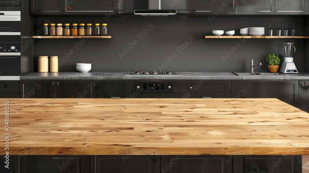 Modern empty wooden tabletop for product display against a kitchen room interior background Modern empty wooden tabletop for product display against a kitchen room interior background
