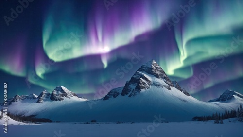 A snowy mountain with the auroras on it