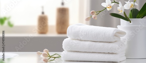 A stack of white towels is neatly placed on a white table, accompanied by organic soap. The background is a blurred bathroom setting, adding to the cleanliness and freshness of the scene.