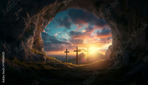 Easter Sunday of Resurrection. Empty tomb of Jesus with the three crosses of Calvary in the distance at sunset	
 photo