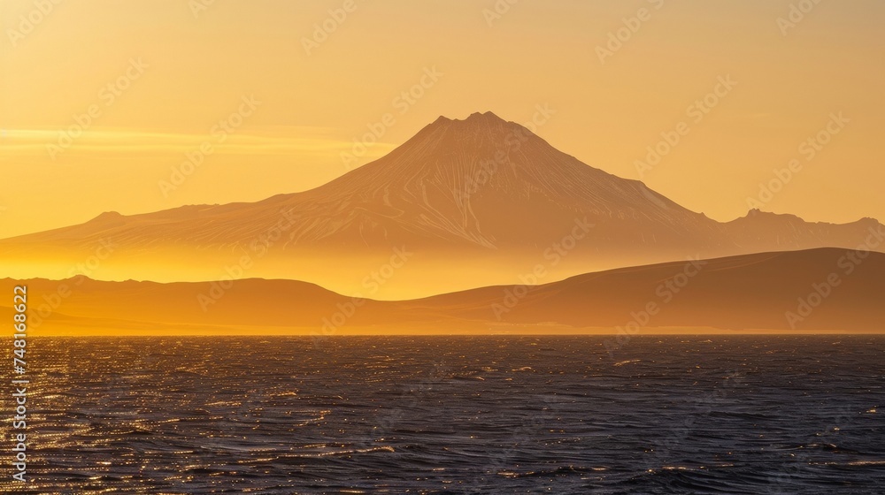 As the sun sets over the horizon the contrast between a towering mountain peak and the endless expanse of the sea is highlighted in a stunning display of light and shadow