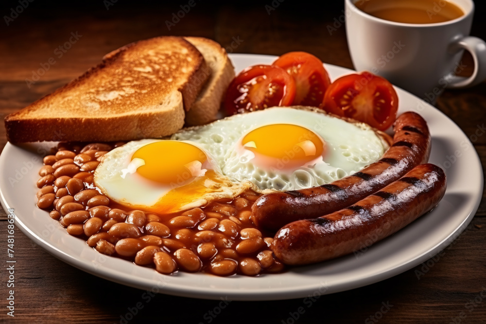Traditional English breakfast with baked beans, fried egg, sausages and bread Traditional English breakfast with baked beans, fried egg, sausages and bread