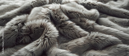 A close-up black and white shot of a furry blanket, showcasing the natural fur covering the soft brown-gray linen material with a unique long-coated structure.