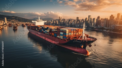 Cargo container ship in the ocean with logistics business and transportation industry