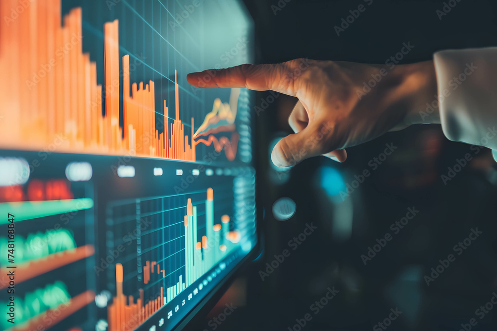 The hand of a businessman or investor or trader pointing at a computer screen, screen with stock market chart analysis or research information for trading and investing - obrazy, fototapety, plakaty 