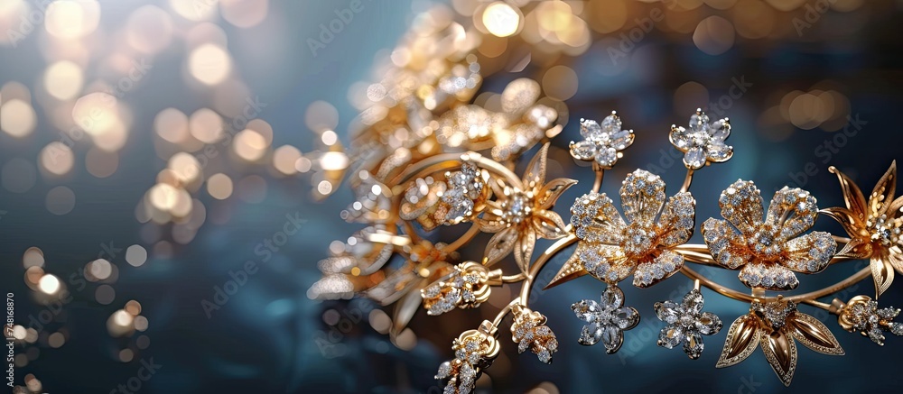A detailed view of a tiara made of gold and embellished with sparkling diamonds. The intricate design and craftsmanship of the tiara are highlighted in this close-up shot. A detailed view of a tiara made of gold and embellished with sparkling diamonds. The intricate design and craftsmanship of the tiara are highlighted in this close-up shot.