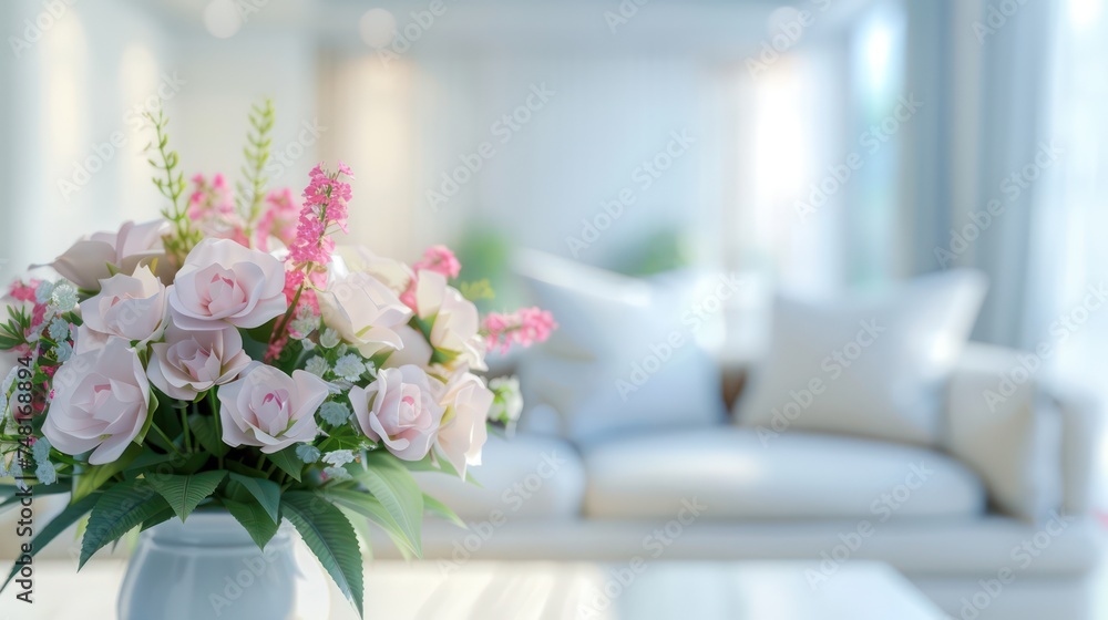 A contemporary white living room showcases a sofa and furniture against a softly blurred, brightly lit background, embellished with decorative flowers in vases. Wide panoramic view for background A contemporary white living room showcases a sofa and furniture against a softly blurred, brightly lit background, embellished with decorative flowers in vases. Wide panoramic view for background