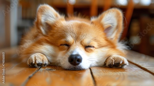 a close up of a dog laying on a wooden floor with it s head resting on a wooden table.