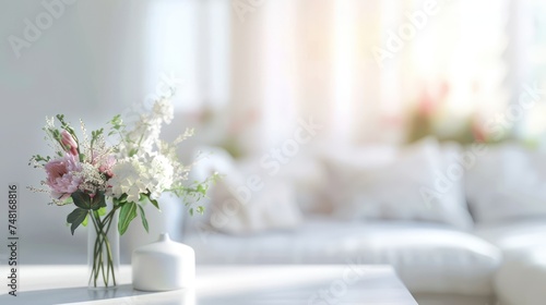 Modern white living room with sofa and furniture against a blurry bright background adorned with decorative flowers in vases. Wide panorama for background use