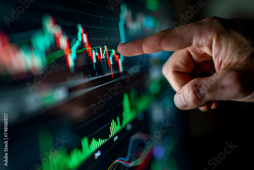 The hand of a businessman or investor or trader pointing at a computer screen, screen with stock market chart analysis or research information for trading and investing