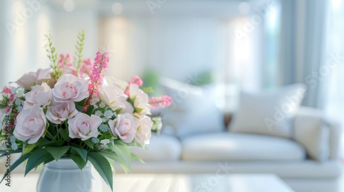 A contemporary white living room showcases a sofa and furniture against a softly blurred, brightly lit background, embellished with decorative flowers in vases. Wide panoramic view for background