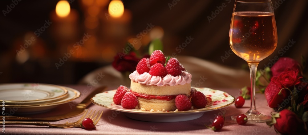 A table elegantly set with a delicious raspberry cake and a glass of wine. The background features a trendy interior design.