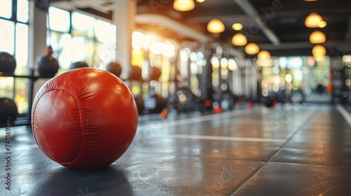 a large red ball sitting on top of a floor in front of a gym filled with dumbbells and exercise equipment.