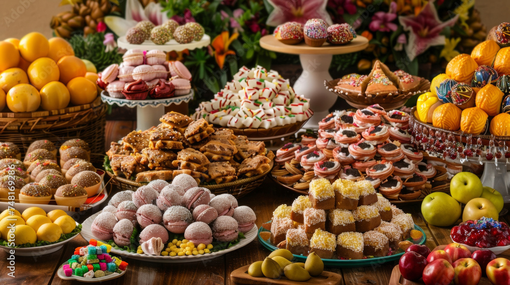 A table overflowing with varieties of traditional Brazilian sweets and treats such as brigadeiros and beijinhos a musthave for any Carnival party.