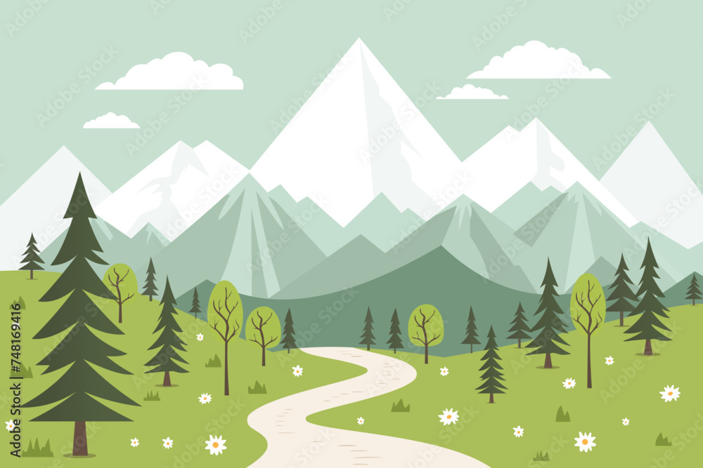 Fototapeta premium Cartoon landscape of a green valley with a path and trees, grass and flowers against the backdrop of mountains with snow-capped peaks. Vector illustration of nature.