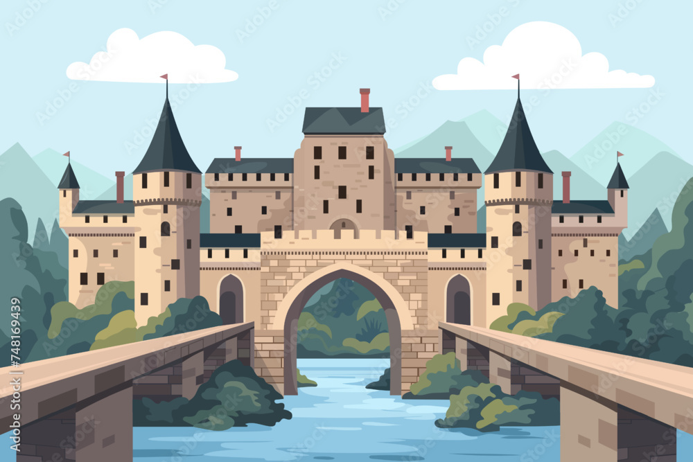 Medieval castle with towers and bridges, surrounded by a river and green trees, against a background of blue sky with clouds. Vector illustration of an old castle.