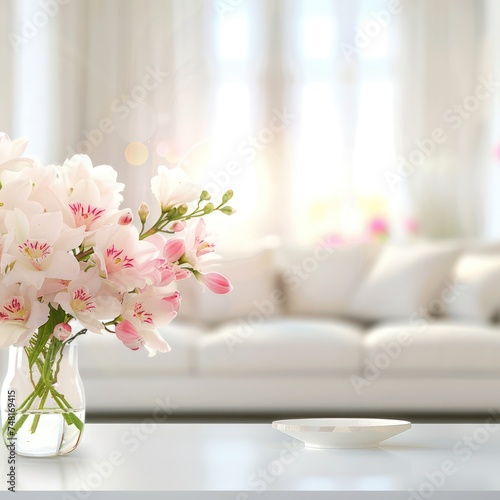 Modern white living room with sofa and furniture against a blurry bright background adorned with decorative flowers in vases. Wide panorama for background use