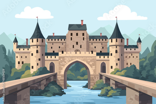 Medieval castle with towers and bridges, surrounded by a river and green trees, against a background of blue sky with clouds. Vector illustration of an old castle.