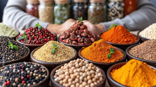 a person standing in front of a table filled with lots of different types of spices and seasonings in bowls. © Janis
