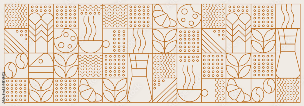 Hand drawn illustration of Bakery and Coffee. Icons. Abstract geometric line background. Gold luxury. Pattern for cover design, food package, menu, background, café wall, coffee shop, web banner