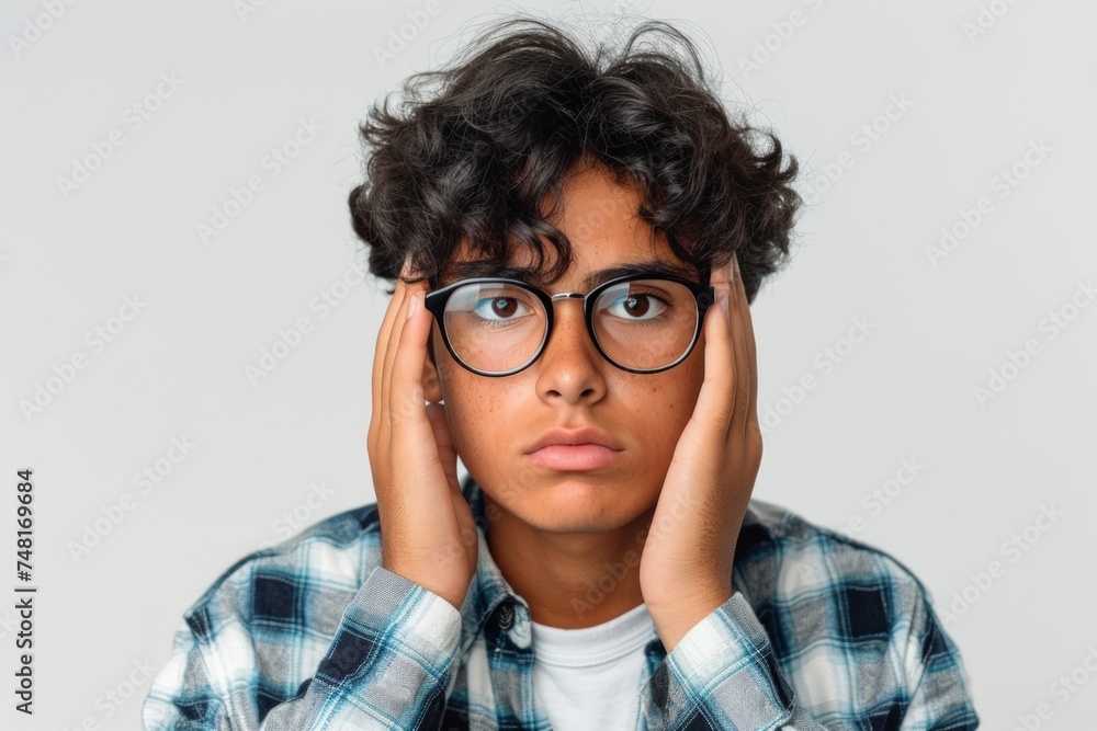 Portrait of young woman with curly hair and eyeglasses holding her head Portrait of young woman with curly hair and eyeglasses holding her head