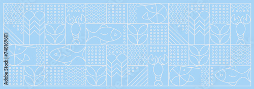 Web banner. Line geometric mosaic seamless pattern illustration. Fish and seafood geometric pattern. Natural food background creative simple, agriculture vector design. Healthy Food pattern
