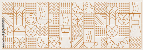 Hand drawn illustration of Bakery and Coffee. Icons. Abstract geometric line background. Gold luxury. Pattern for cover design, food package, menu, background, café wall, coffee shop, web banner