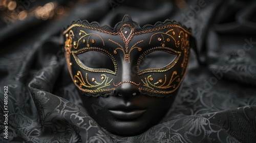 a close up of a masquerade mask on top of a black and gold cloth with a black background.