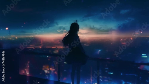 Woman overlooking a futuristic cityscape under a starry sky. Digital art for urban exploration and future concept photo