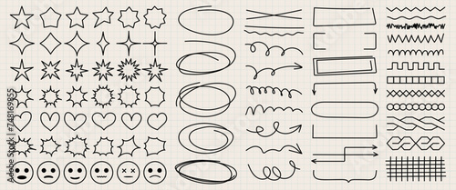 Doodles highlight the strokes for notes in a notebook. Hand drawn collection of various line shapes elements on a checkered sheet. Modern vector brush strokes, pen, pencil. photo