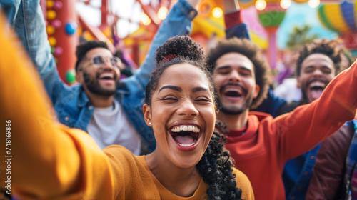 A diverse group of friends enjoying a laughter-filled day at a lively and colorful amusement park realistic stock photography