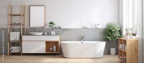 In a stylish corner of a bathroom with grey and white walls and wooden floors, a white bath tub is positioned next to a white sink. The double sink features mirrors on a gray countertop.