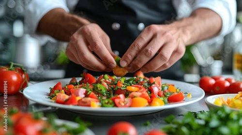 a person preparing a salad on a white plate on a table with tomatoes and parsley on the side of the plate.