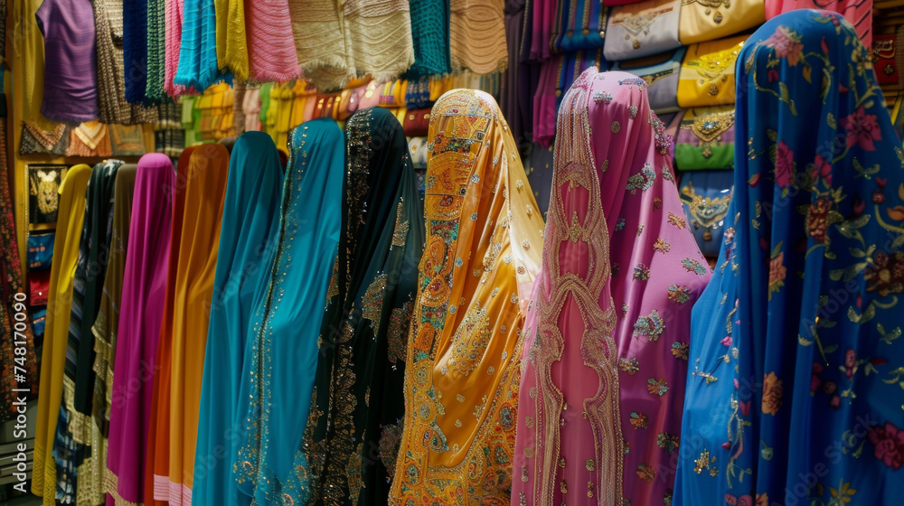 The vibrant colors and intricate designs of traditional clothing such as abayas for women and thobes for men catch the eye of shoppers.