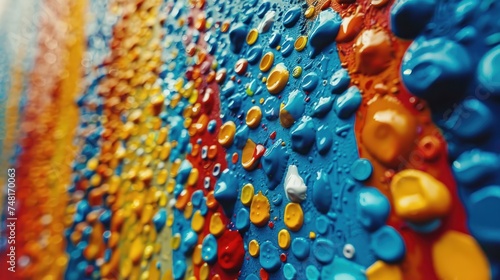 a close up of a colorful painting with lots of water droplets on the paint and the colors are blue, yellow, red, orange, and green.