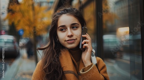 Young beautiful woman talking on the phone in the street, ai generative