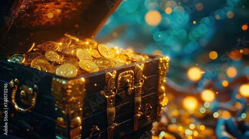 An open treasure chest overflowing with gold coins, illuminated by bokeh light