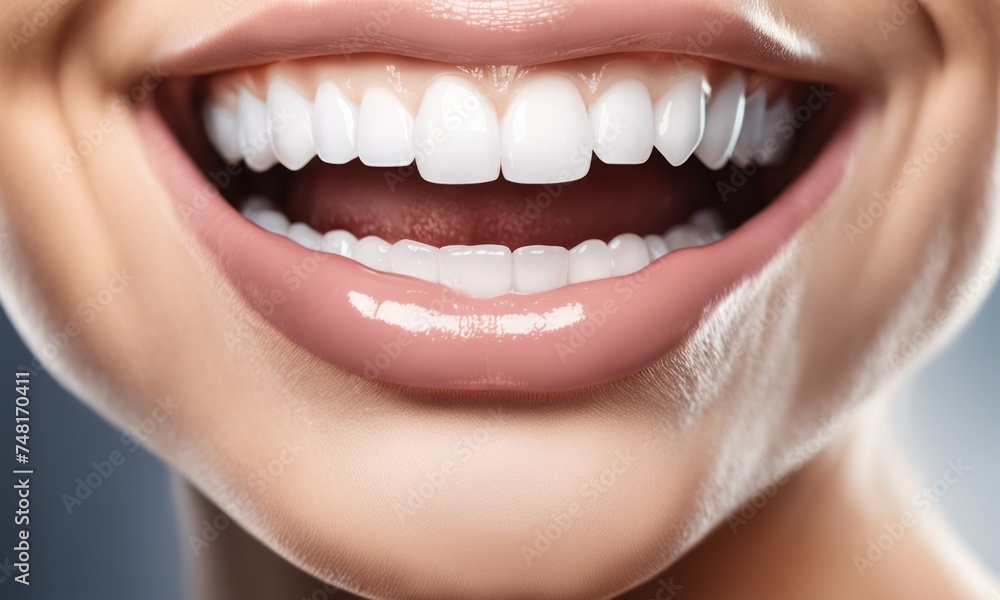 Obraz premium Tooth whitening, perfect white teeth close up whith shade glide bleach color, female vineere smile, dental care and stomatology, dentistry. AI
