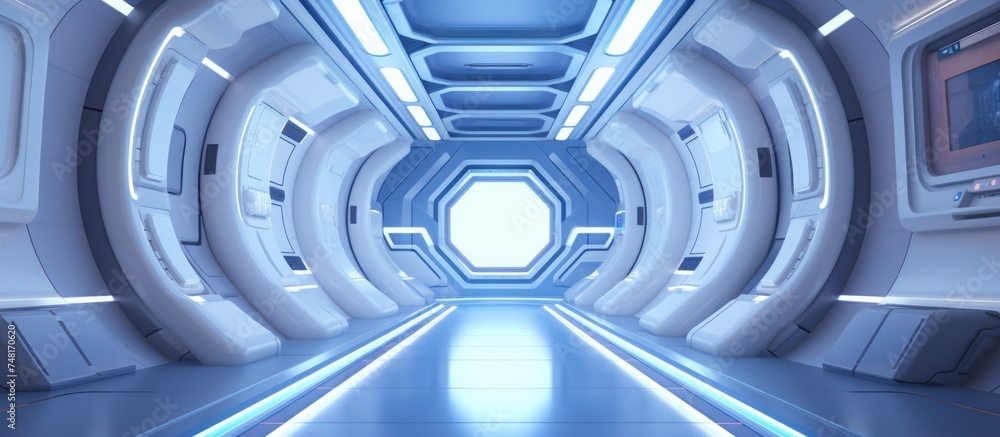 A sci-fi tunnel with a bright light at the end, set inside a spaceship or space station interior. A sci-fi tunnel with a bright light at the end, set inside a spaceship or space station interior.