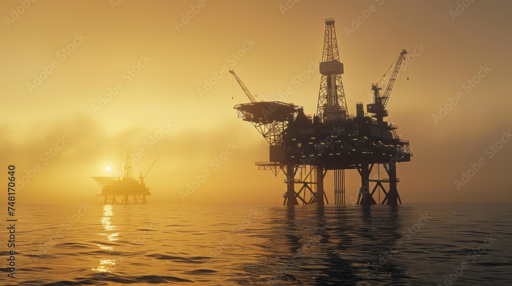 An offshore oil rig silhouetted against a fiery sunset, a symbol of the energy industry
