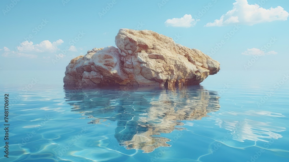 Fototapeta premium a rock in the middle of a body of water with a reflection of the sky and clouds in the water.