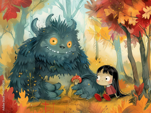 Monster and little girl in the forest photo