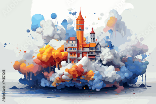 Watercolor painting of the church among colors Church among many colors Castle painting Color painting of the church
