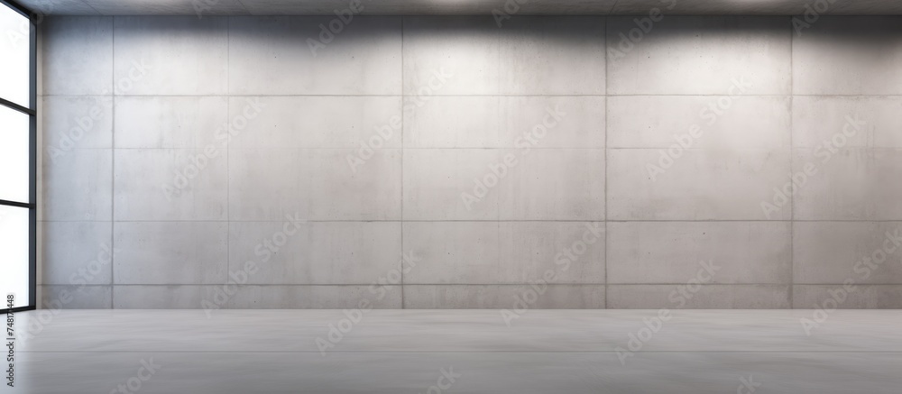 This image showcases an empty room with a clean concrete floor and large windows, creating a minimalist yet spacious atmosphere. The walls feature a mock-up space,