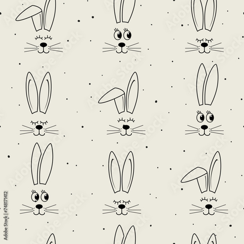 Rabbit's muzzles in black on a gray background. Rabbit's muzzles with open and closed eyes in cartoon style. Children's background for textiles or other. Wrapping paper. Vector seamless pattern.