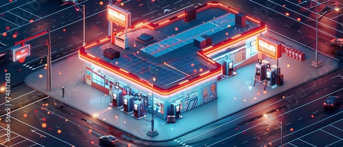 an isometric 3D Smart Gas Station building with a focus on innovative fueling solutions and smart technologies. with a dynamic architectural design . with IoT-connected fuel pumps . 